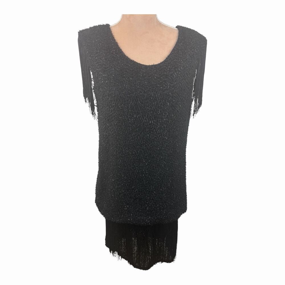 LA Glo Black Fringe Sequin Knit Dress Women’s 7/8 Sleeveless Flapper Party